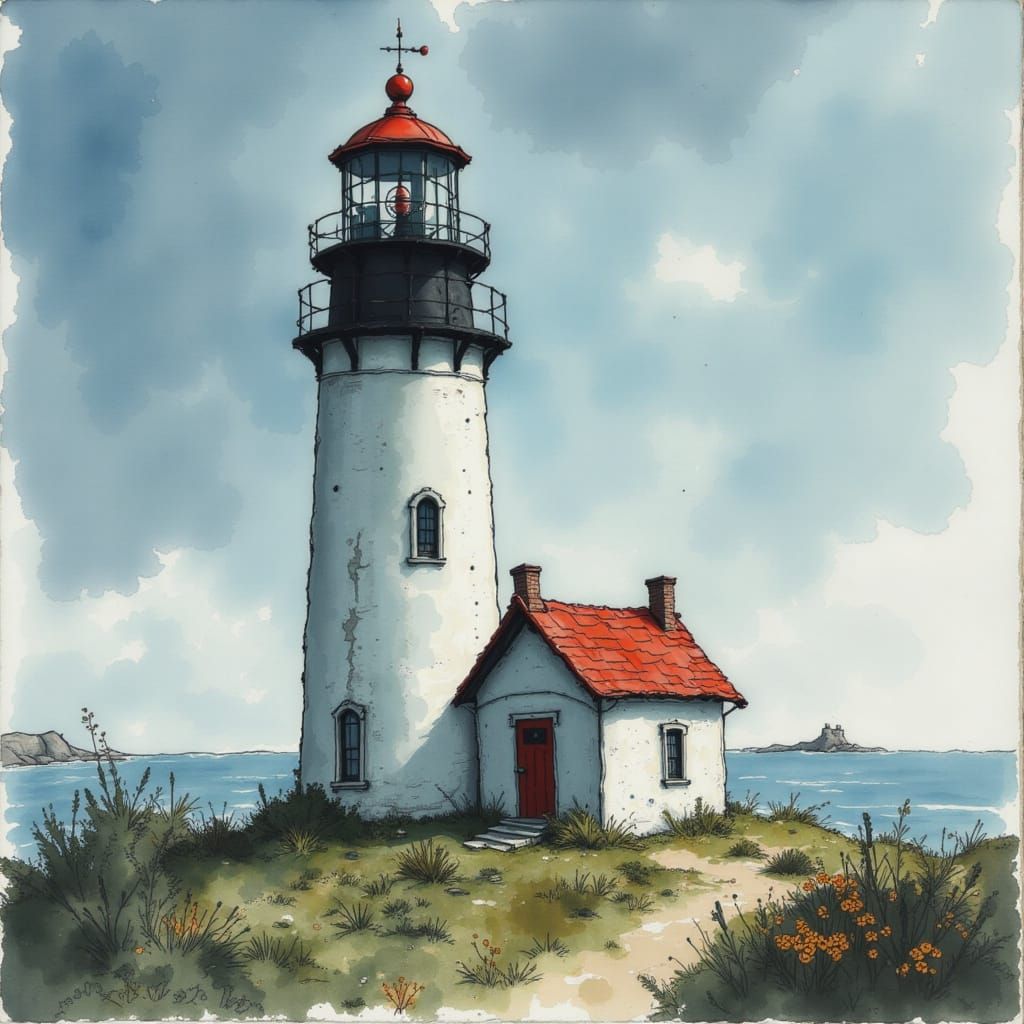 Quirky Lighthouse Scene with Stylized Figures