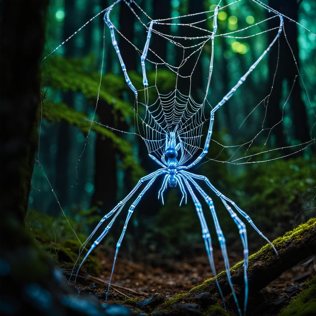 Bioluminescent Lightning Spider Weaving Web in Alien Forest