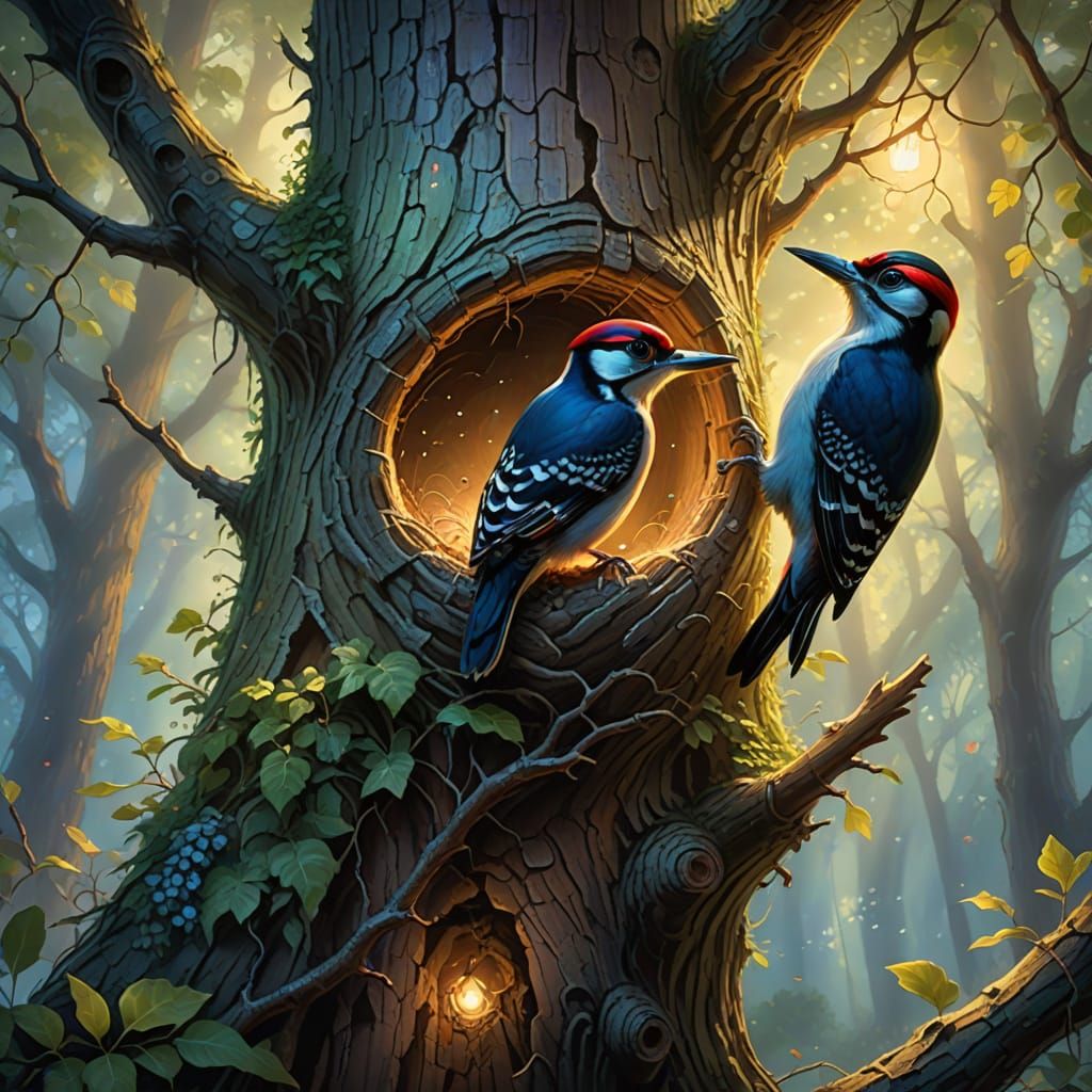Woodpecker Nest Carving in Ethereal Forest