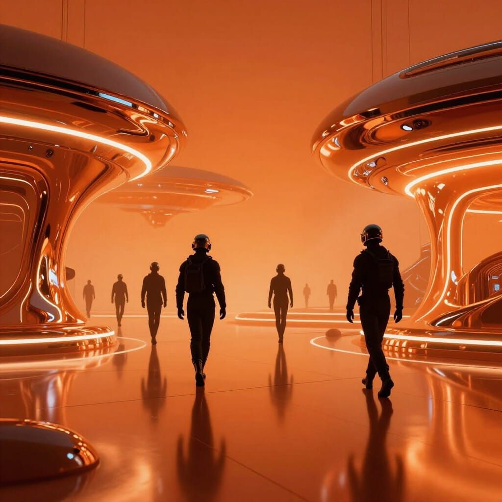 Retro-Futuristic Orange Chrome Cityscape with Neon Lights