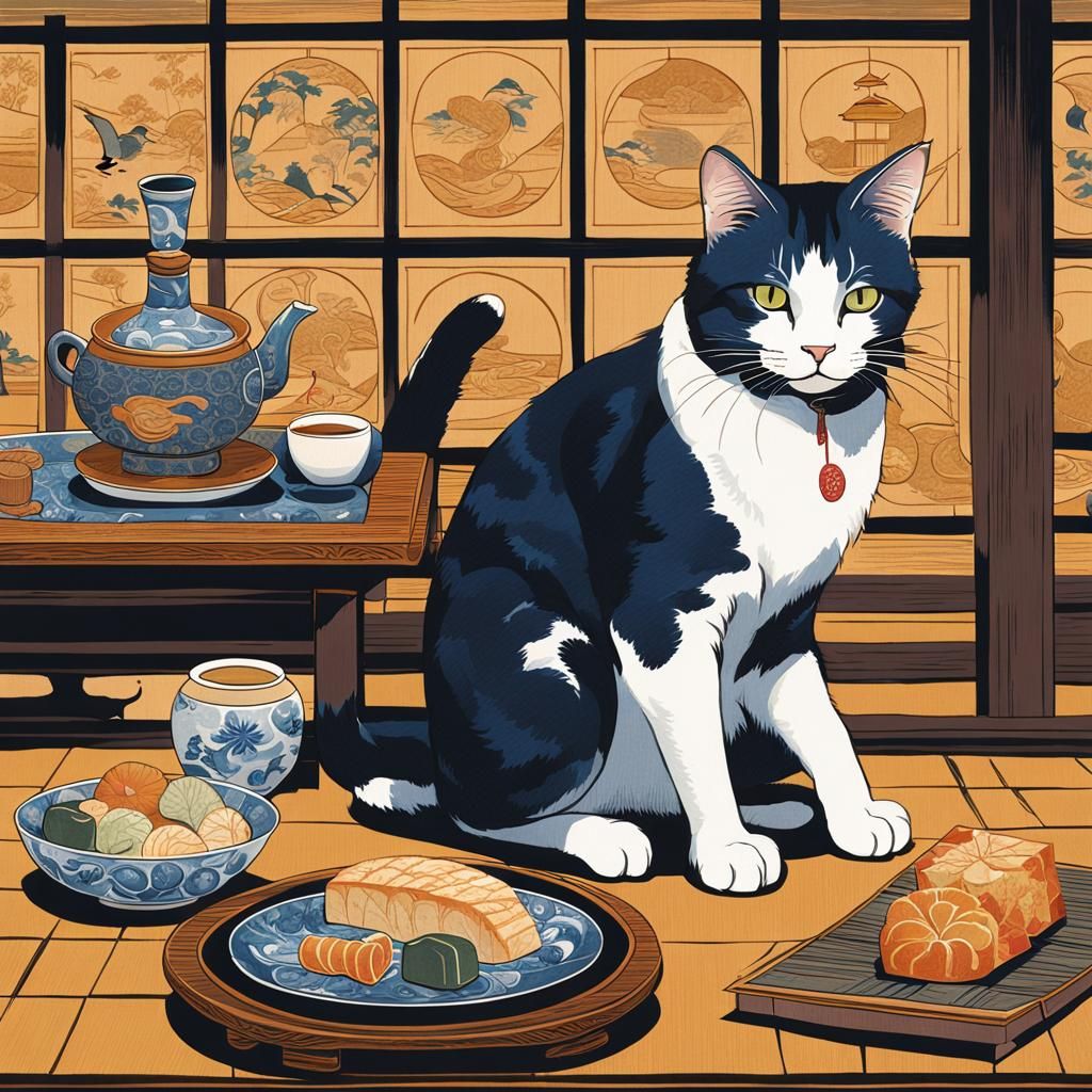 Calico Cat in Ukiyo-e Japanese Setting