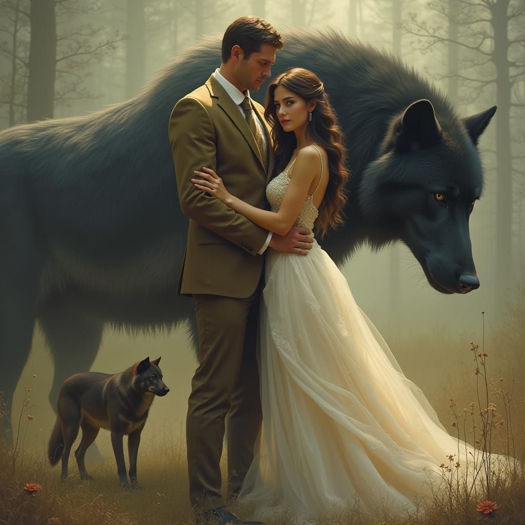 Majestic Wolves with Man and Princess in Stalenhag Style