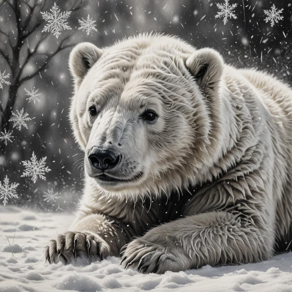 Hyper-Realistic Charcoal Drawing of a Baby Polar Bear