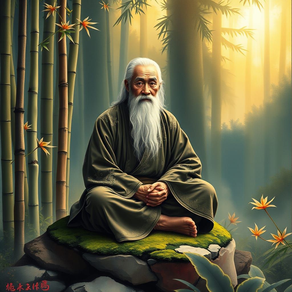 Elderly Asian Man Meditates in Bamboo Forest