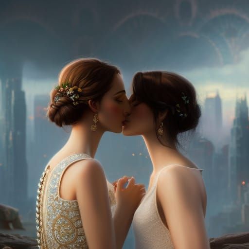 Two Women Kissing with Engagement Ring