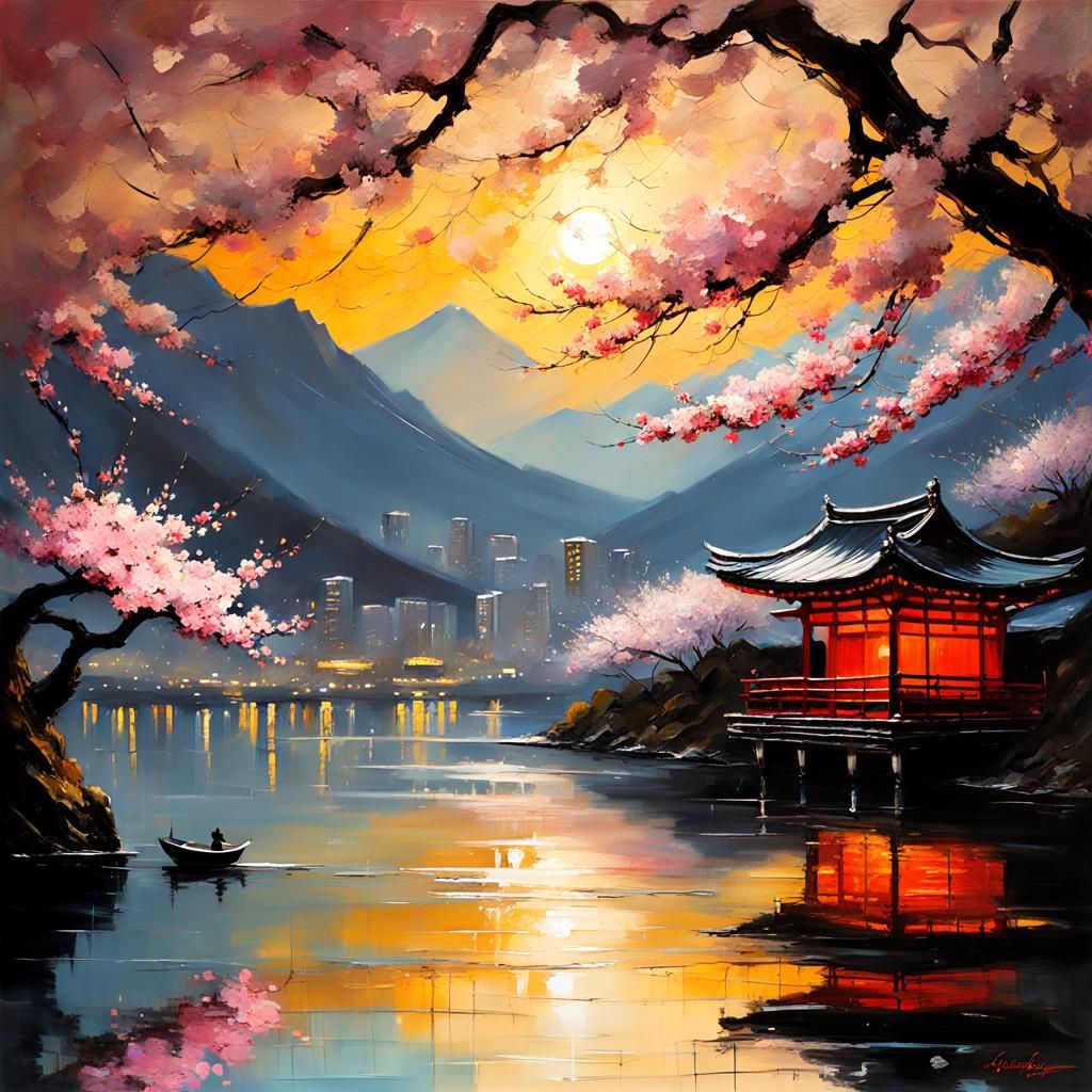 Sakura Flower Arrangement in Impasto Style