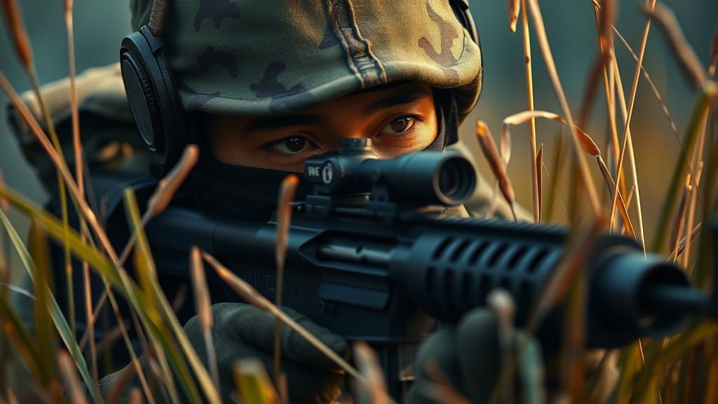 Asian Army Sniper Ready in Realistic Camouflage