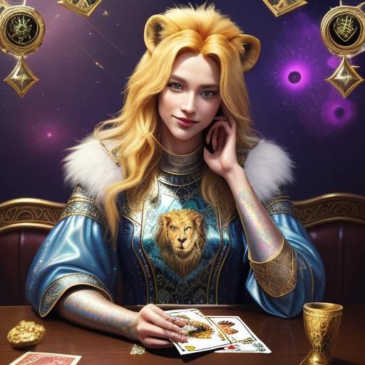 Blonde Tarot Reader with Lion in Candy Art Style