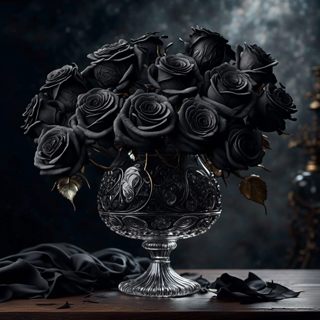 Hyperreal Black Roses in Glass Vase