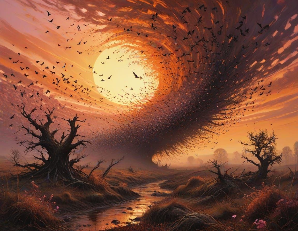 Dramatic Starling Vortex in Sunset Landscape