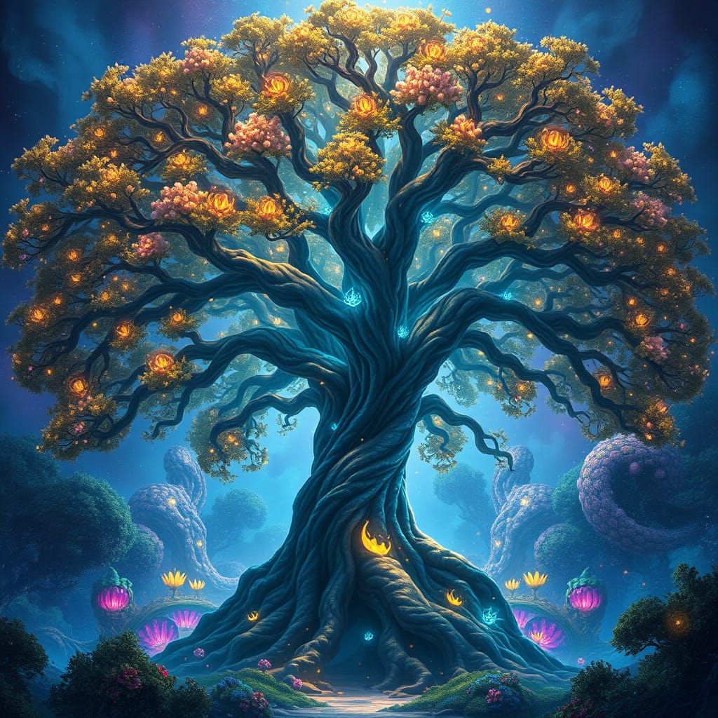 Majestic Tree in Vibrant, Mystical Garden