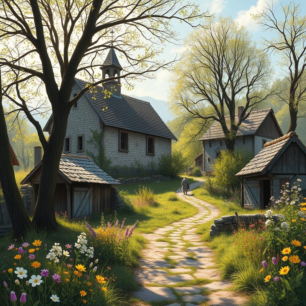 Springtime Ruins: Medieval Village in Gouache Style