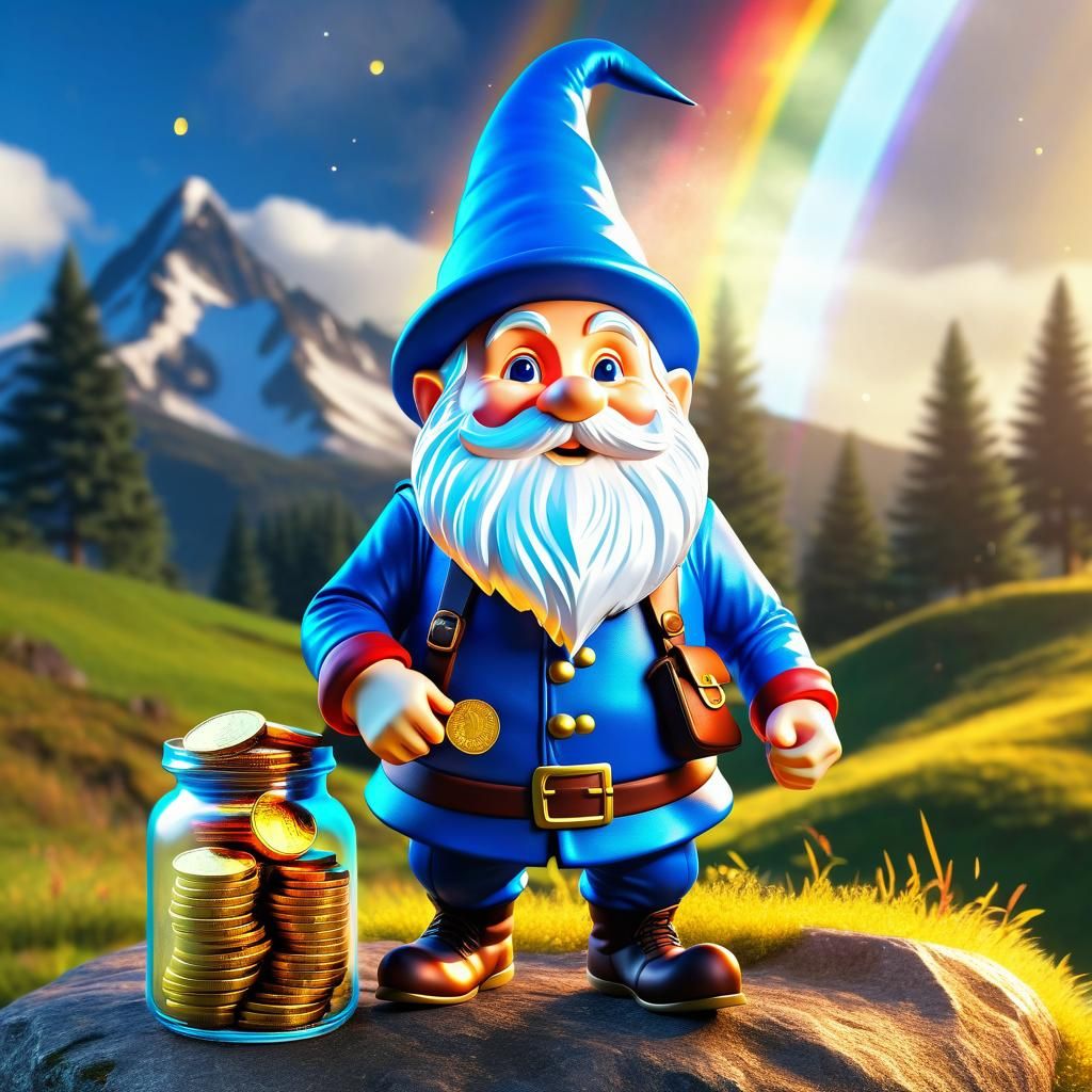 3D Anime Gnome Running to Rainbow with Gold