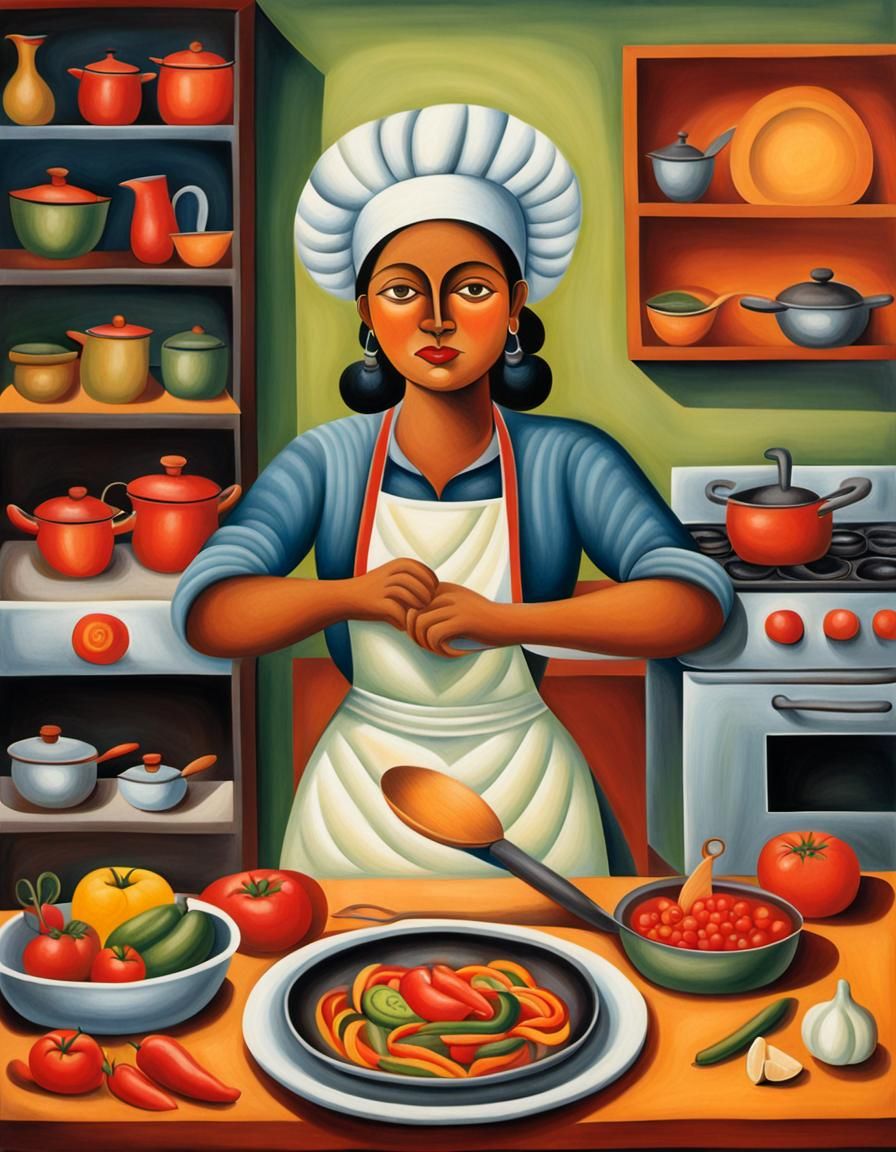 Woman Cooking in Kitchen, Covarrubias Style Illustration