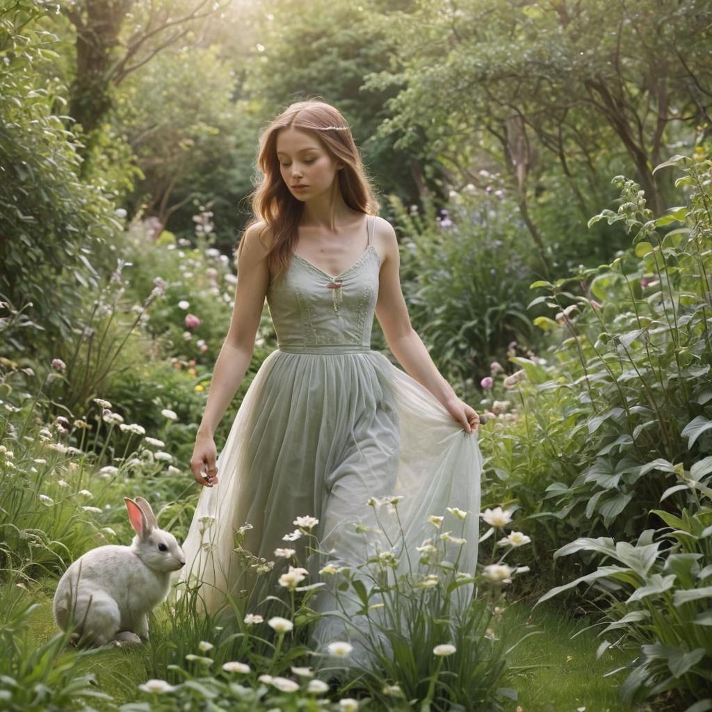 Ethereal Garden Scene: Woman with Rabbit