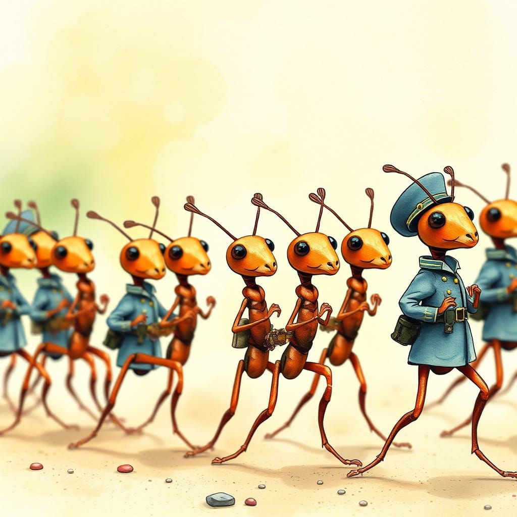Ant Military Parade in Picture Book Style