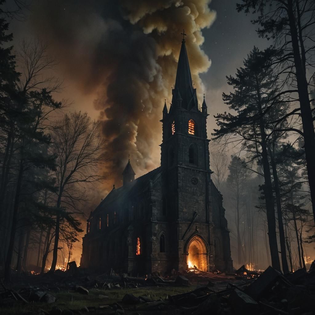 Burning Church in Dark Forest at Night