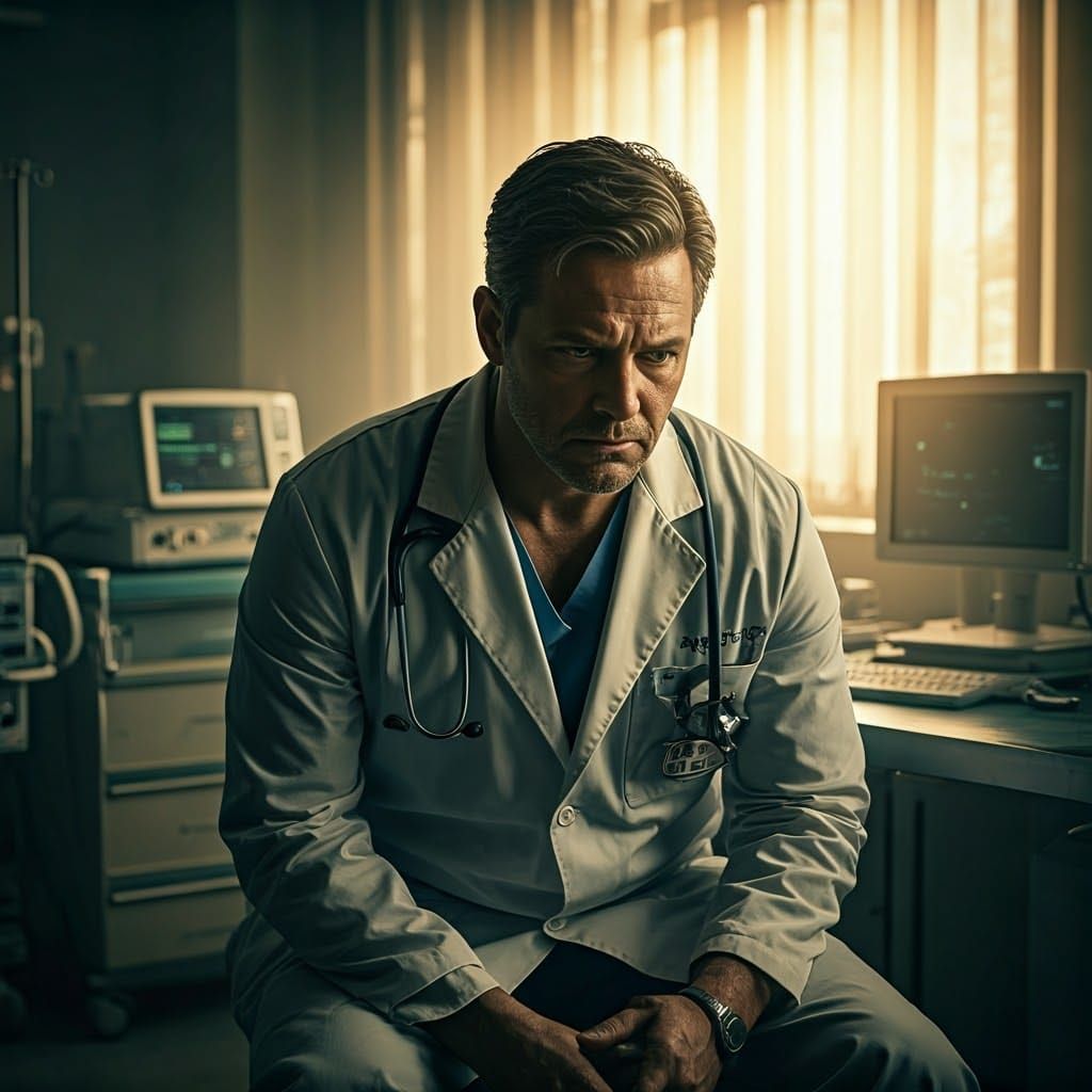 Cinematic Doctor in Atmospheric Hospital Room
