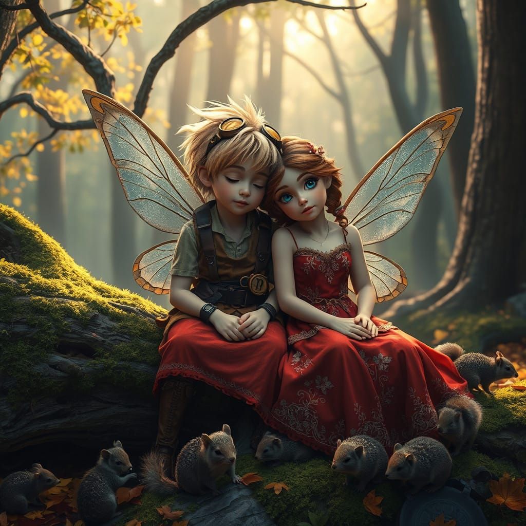 Steampunk Fairies in Whimsical Woodland Setting with Mossy T...