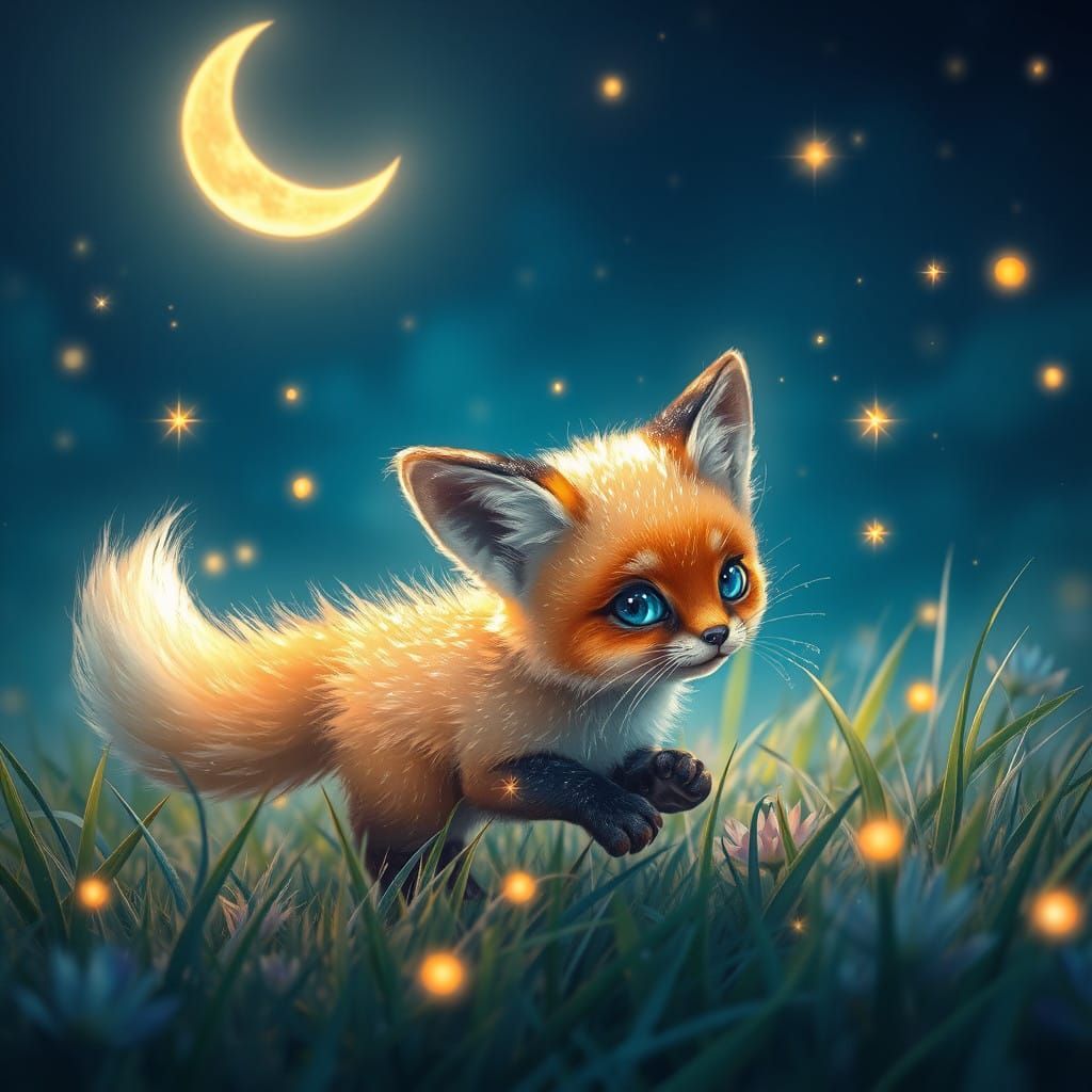 Whimsical Fox Chases Fireflies under Crescent Moon