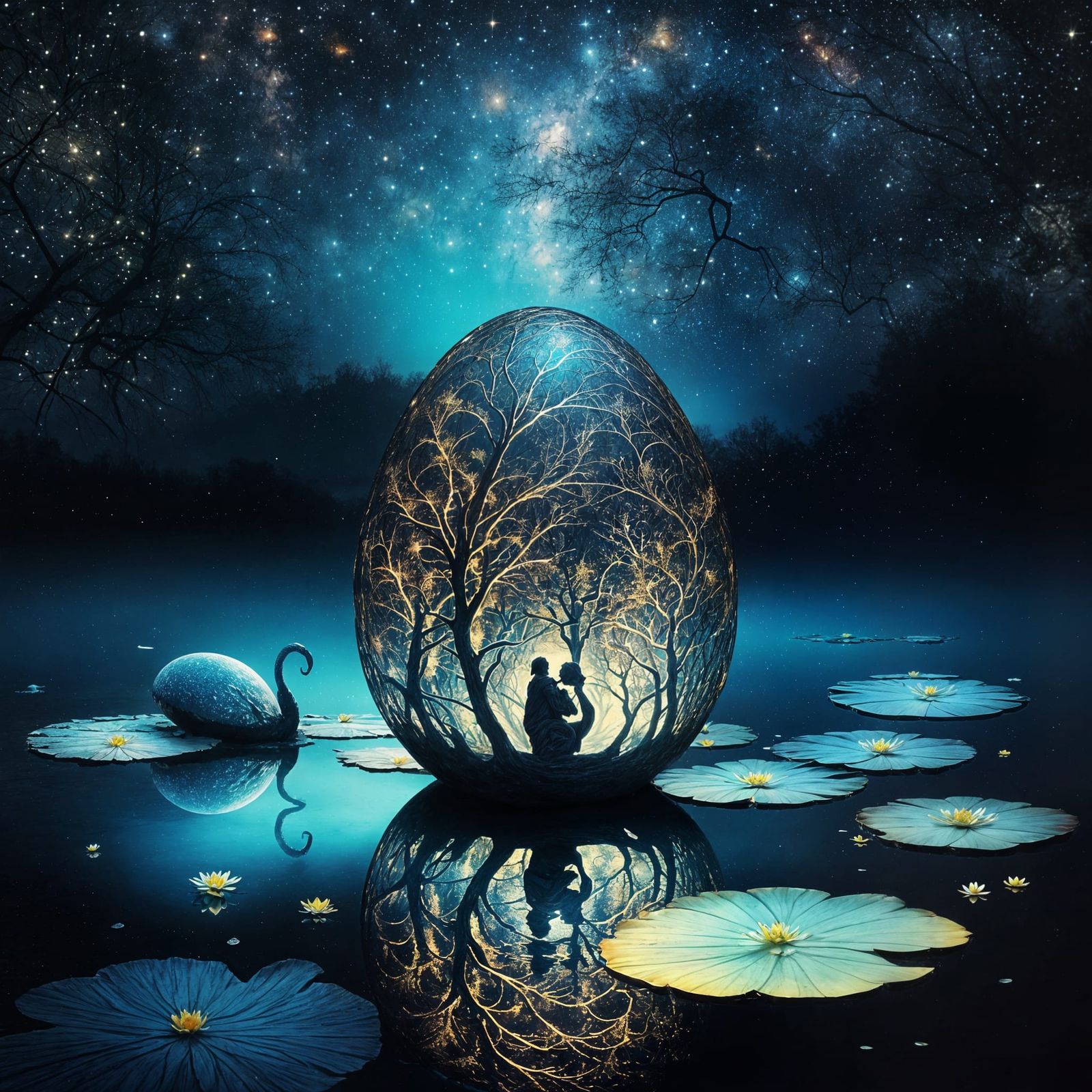 Surreal Cosmic Scene with Glowing Egg and Divine Beast in a ...