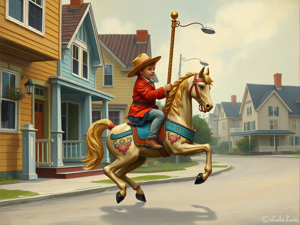 Child Rides Carousel Horse: Golden Age Illustration