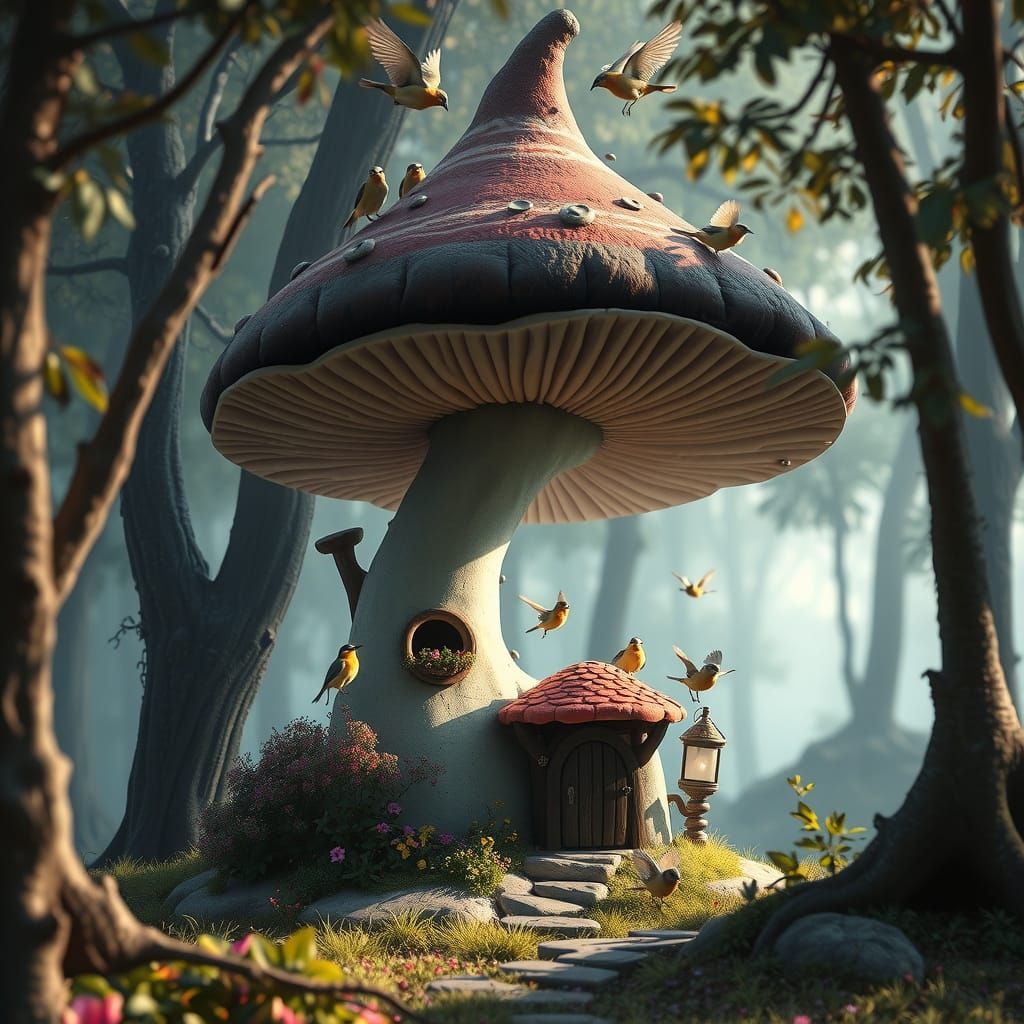 Mushroom Birdhouse in Enchanted Forest: Matte Painting