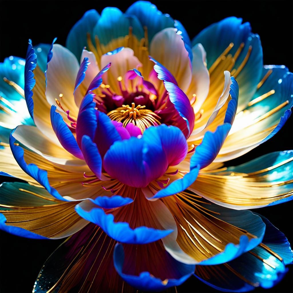 Exploding Blue Glass Peony in Hyperreal Style