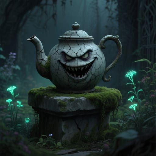 Grumpy Teapot in Dark Fantasy Garden