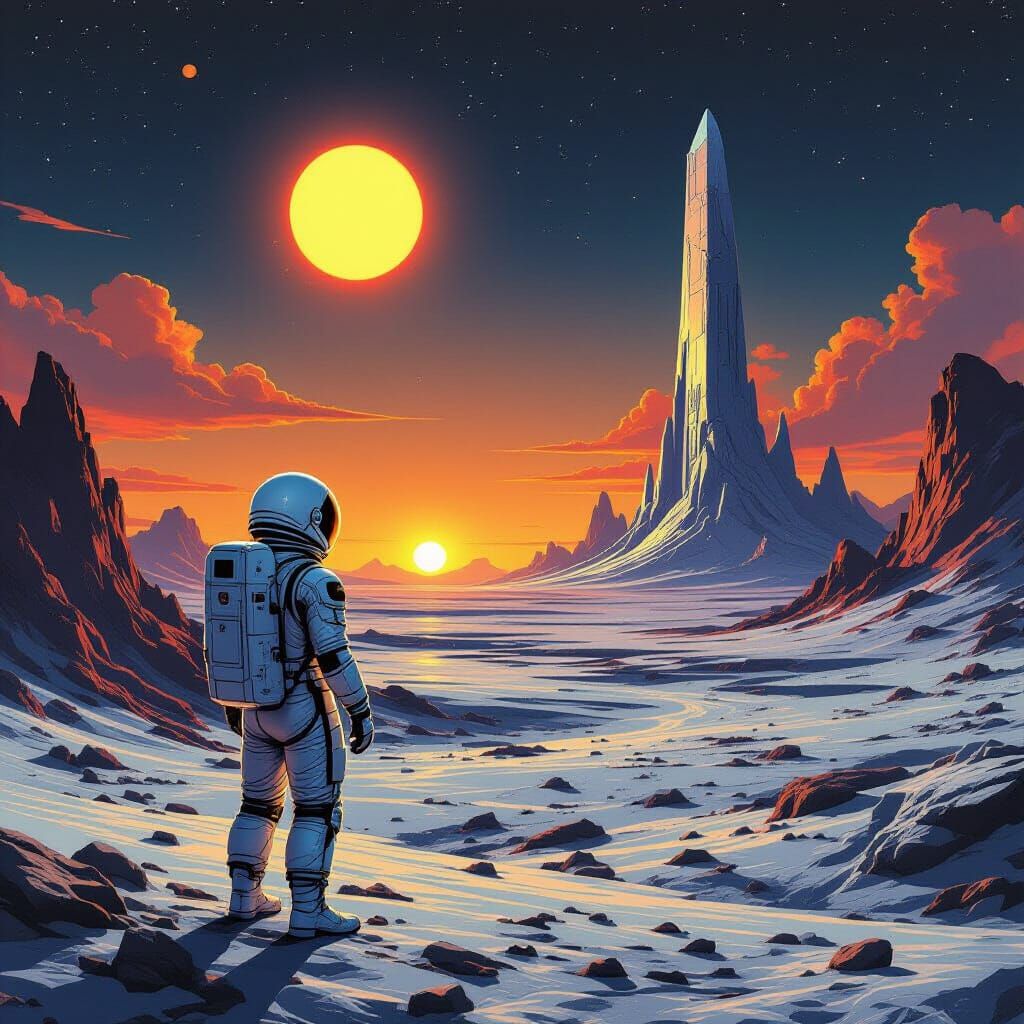 Astronaut Gazes at Binary Sunset on Alien World