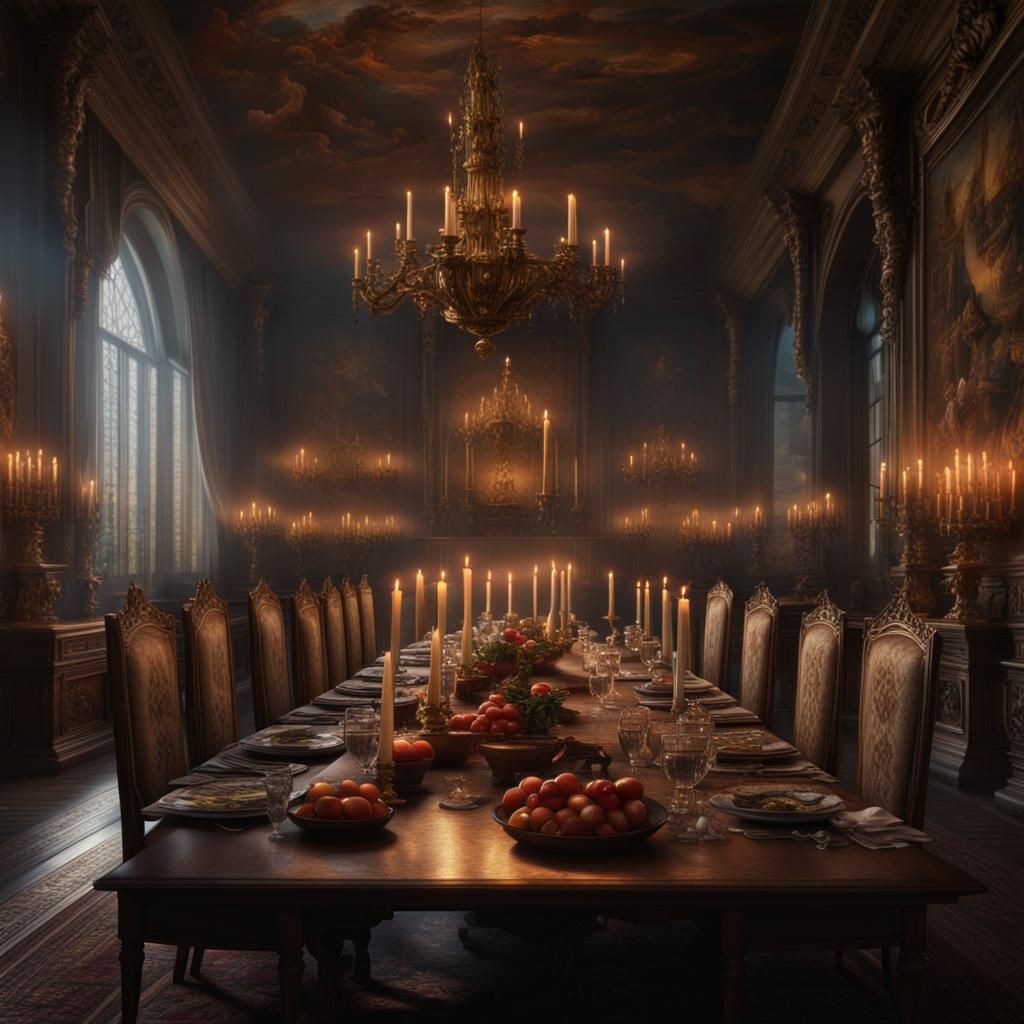 Castle Dining Room with Long Table and Candles