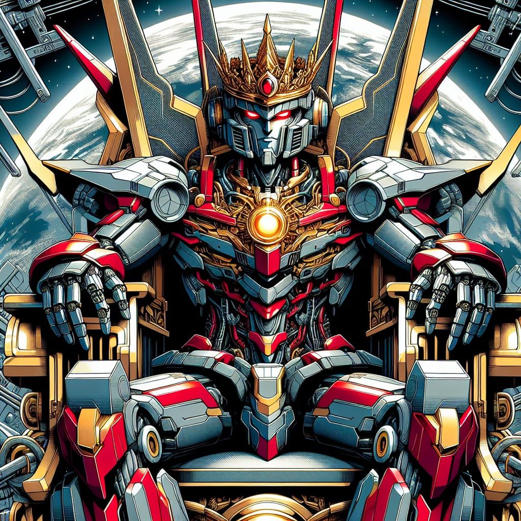 Metallic Robot King on Throne in Manga Style