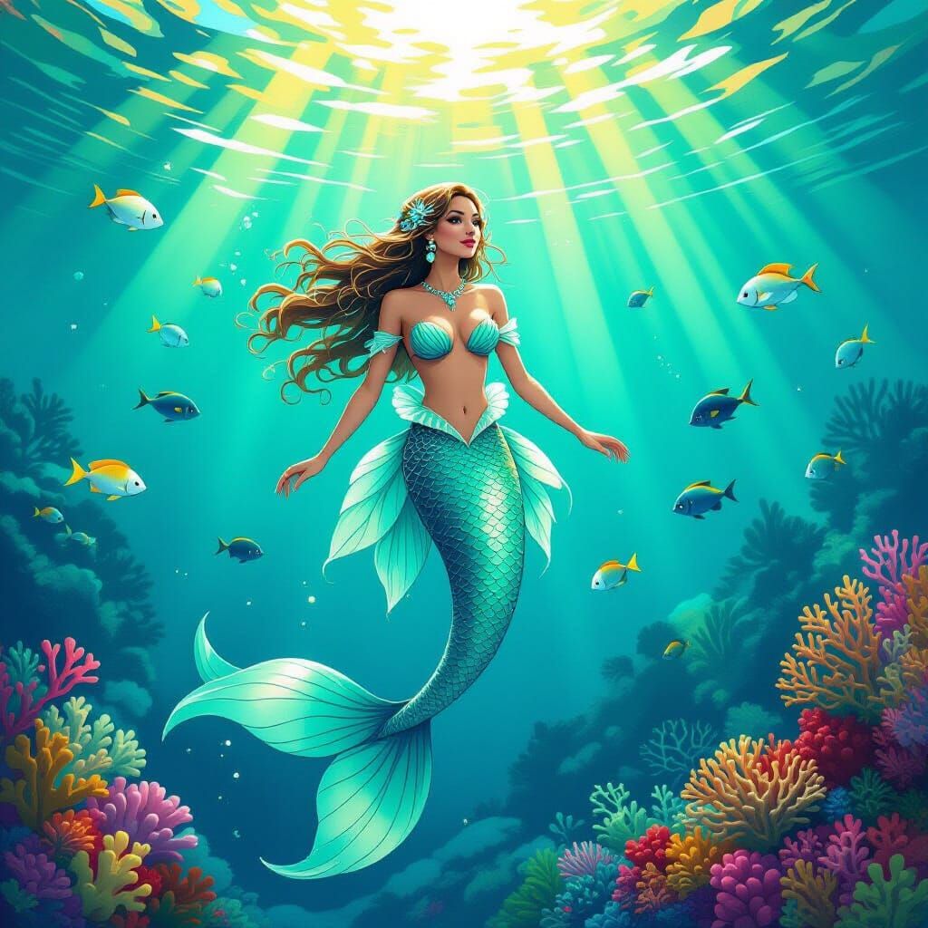 Mermaid Gliding Through Coral Reefs in Ethereal Style