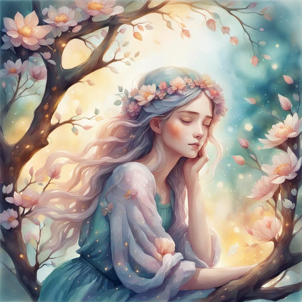 Whimsical Woman with Flowers in Watercolor Style
