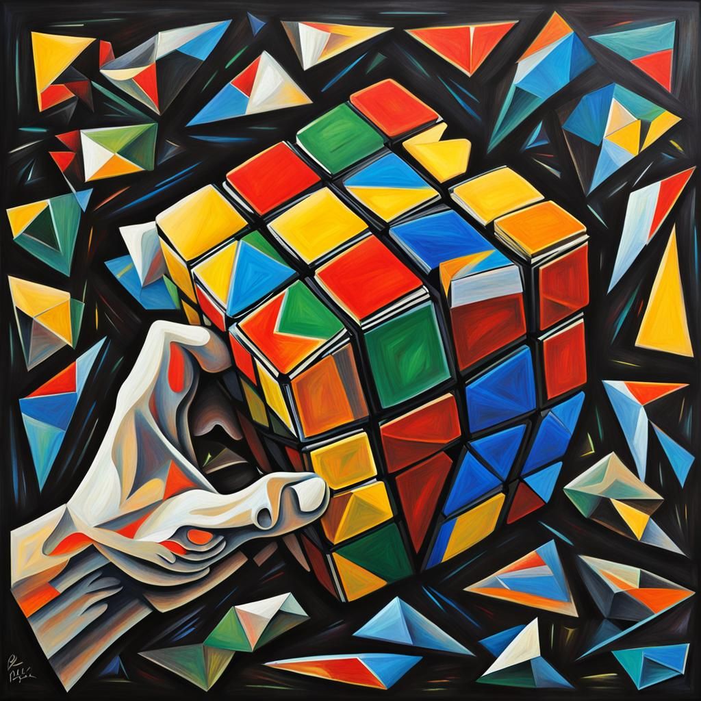 Cubist Hand Holding Fragmented Rubik's Cube