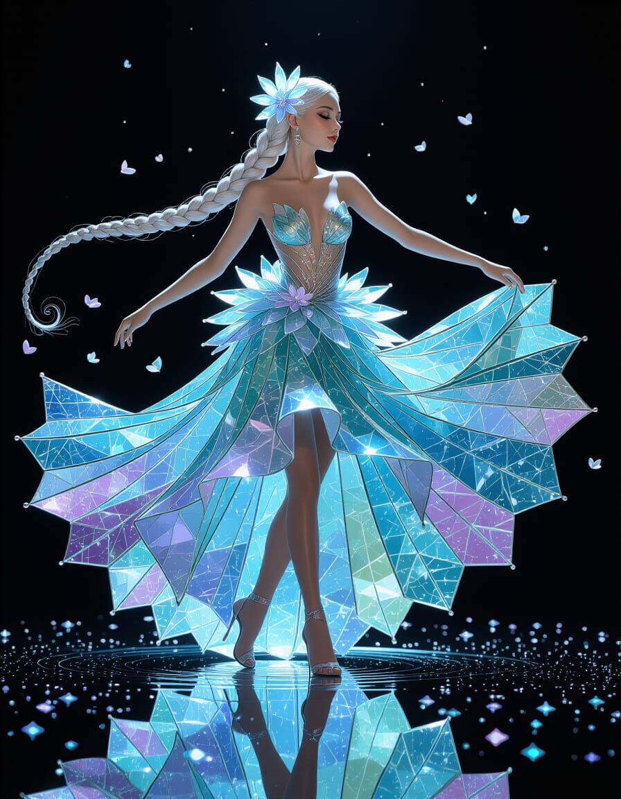 Elegant Fairy Dancing on Reflective Surface in Glass Shard D...