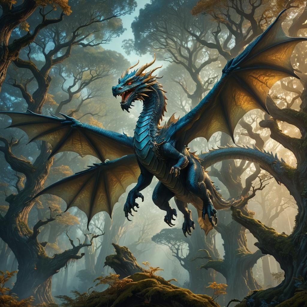 Majestic Dragon Flight Over Mystical Forest, Fantasy Concept...