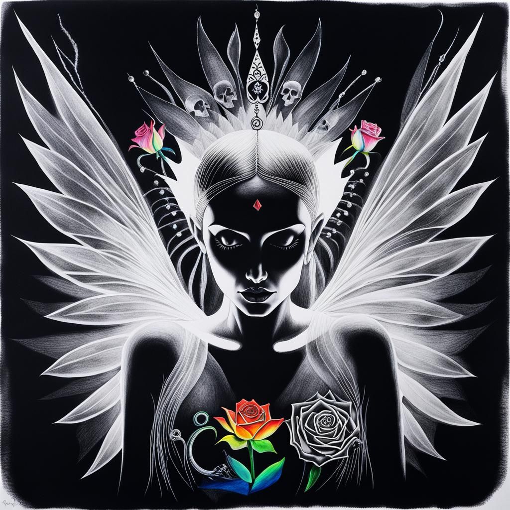 Surreal Gothic Woman in Childlike Crayon Drawing