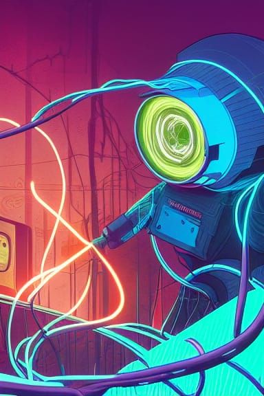 Retro Cyborg Heart with Tangled Wires