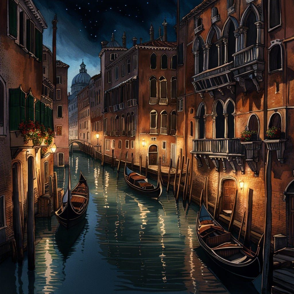 Venice at Night: Watercolour Canal Scene