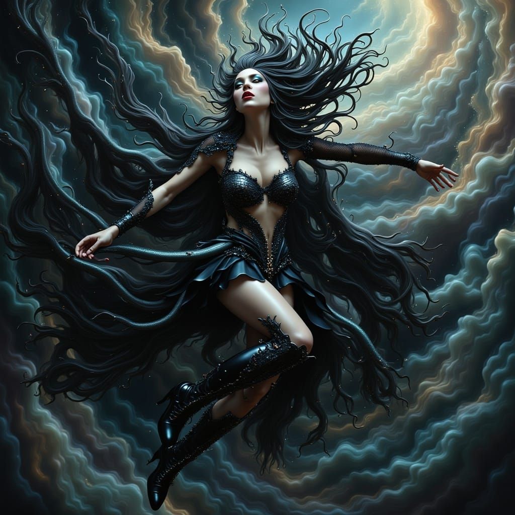 Ethereal Female Figure in Iridescent Black and Silver Hair w...