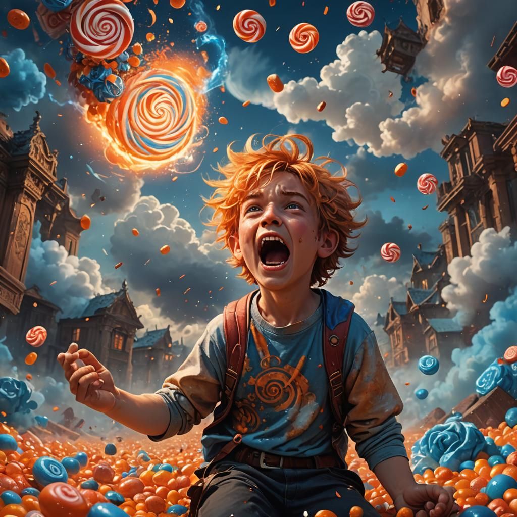 Fantasy Art: Boy's Temper Tantrum in a Storm of Candy
