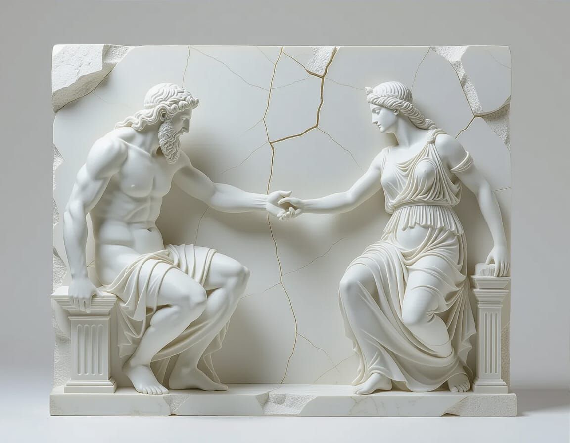 Marble God and Goddess Reach Out in Stark Monochrome Sculptu...