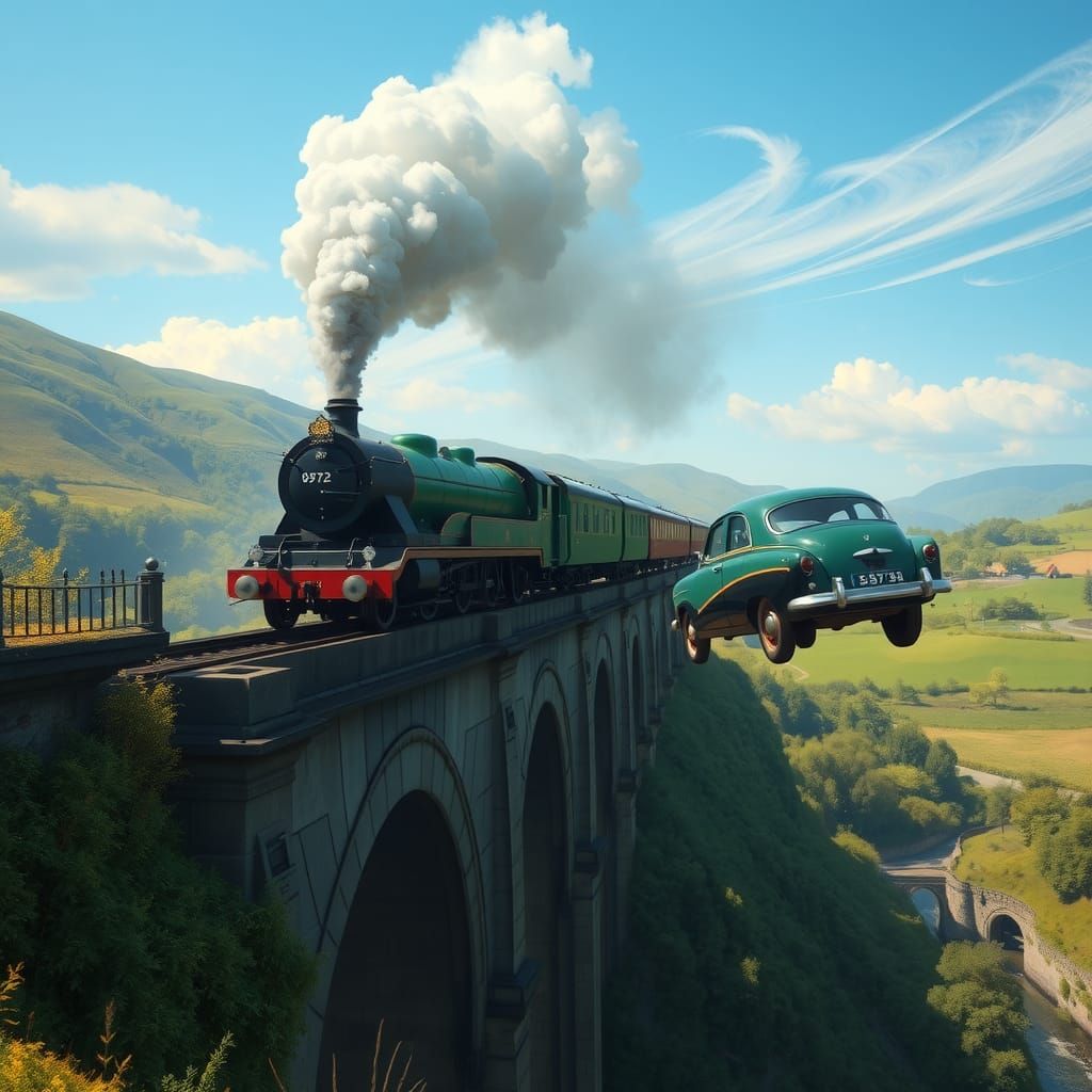 Vintage Train and Flying Car in Rackham Style