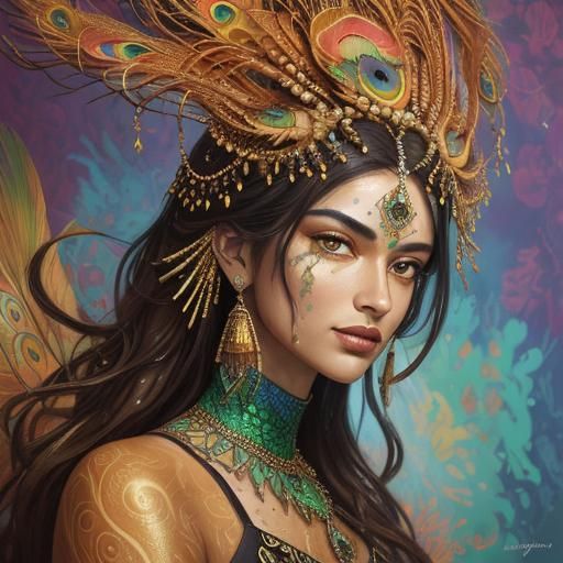 Dragon Peacock Woman in Abstract Fauvism Style