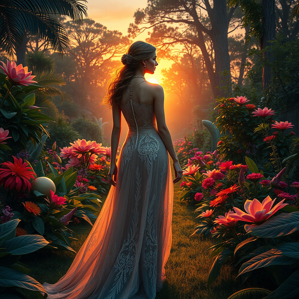 Woman in Exotic Garden at Sunset: Fantasy Art