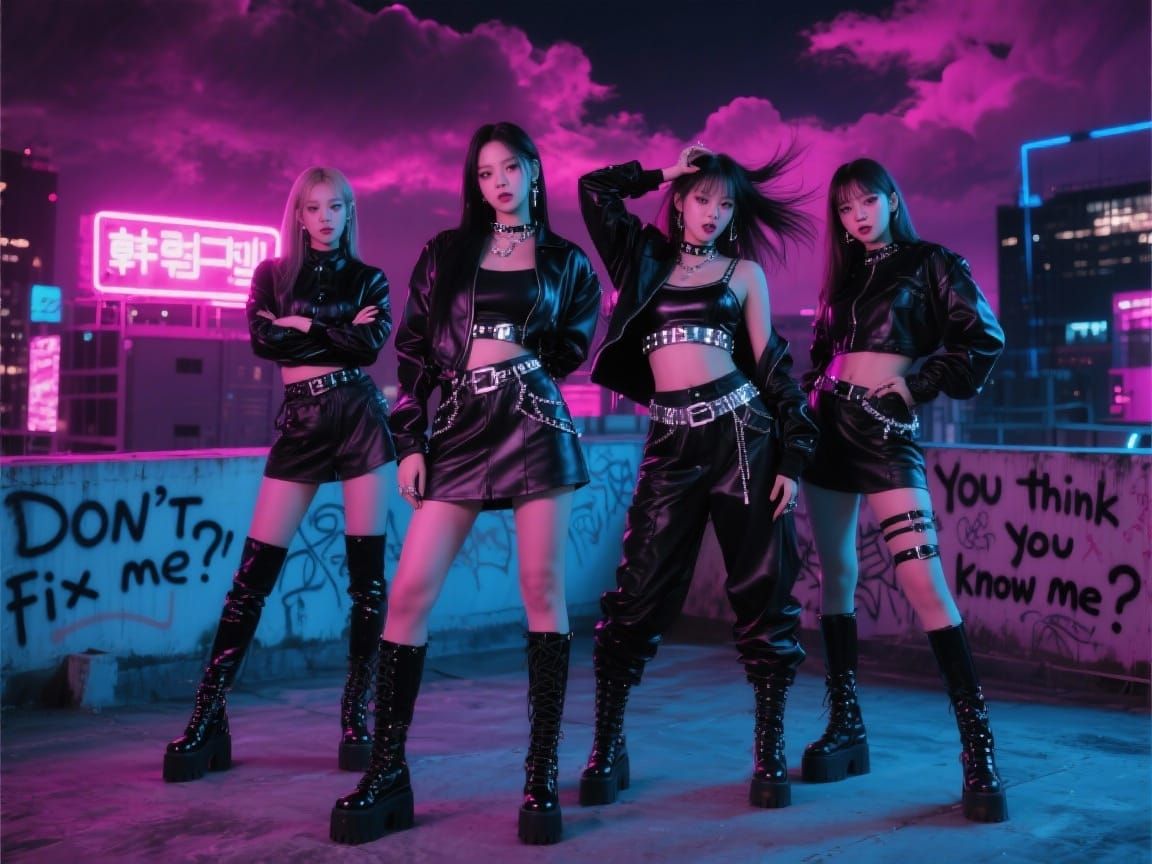 K-Pop Group on Rooftop: Neon Lights, Urban Night