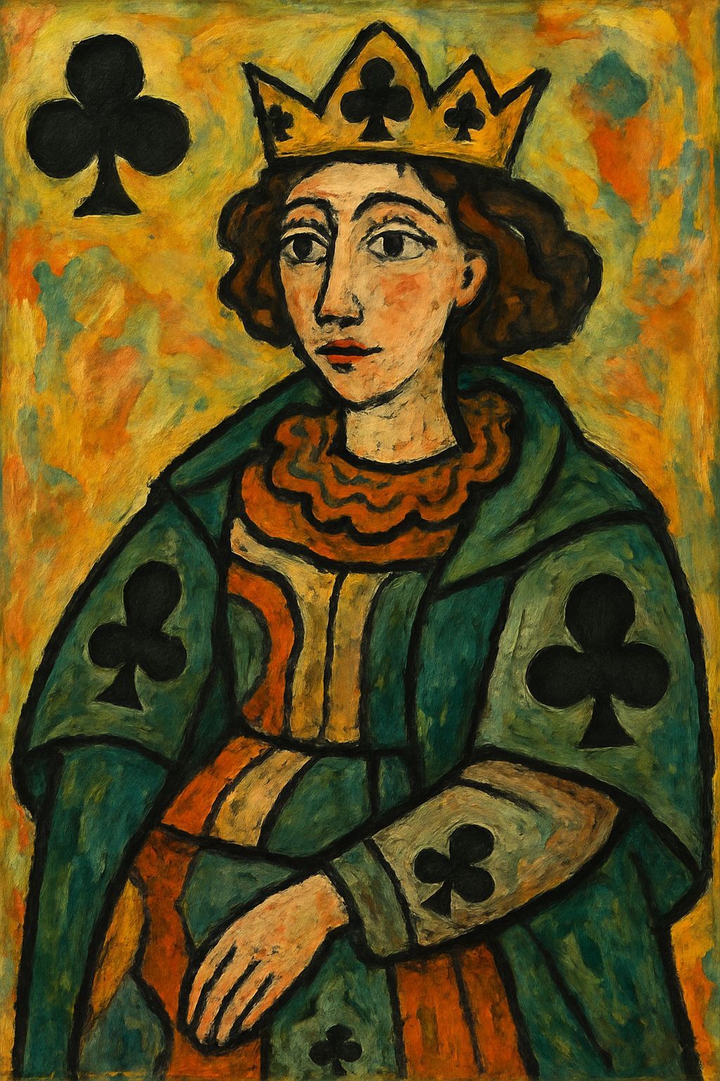 Abstract Queen of Clubs Portrait in Folk Art Style