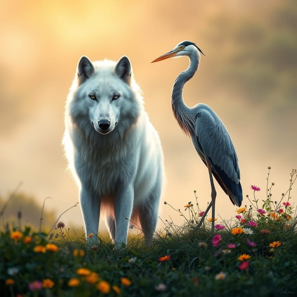 Majestic White Wolf and Grey Heron in Serene Misty Landscape