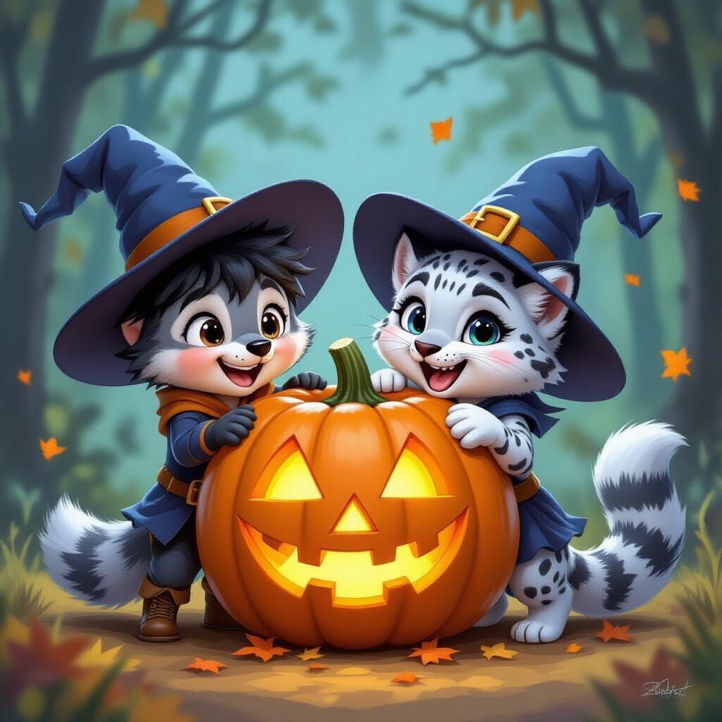 Cute Wolf Boy and Snow Leopard Girl in Halloween Pumpkin